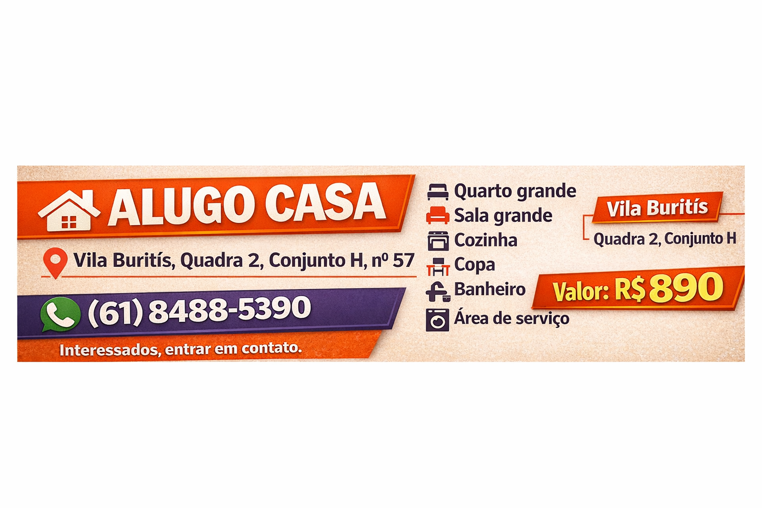 Alugo Casa na Quadra 2 | Vila Buritís